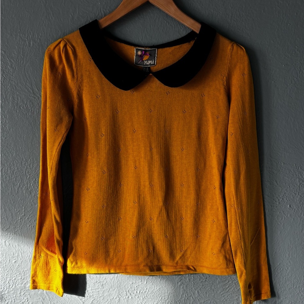 Yumi Mustard Peter Pan Collar Sweater | Velvet Trim | Cotton | US 2/4